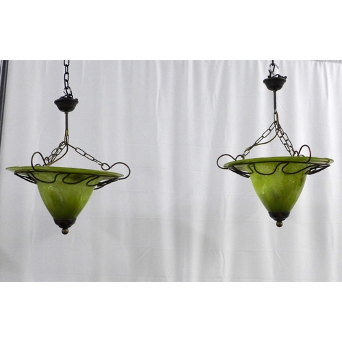 409 - Pair of contemporary green glass hanging ceiling lights, with black metal mounts  40 x 26cm. (2)