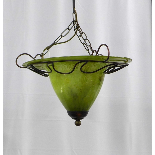 409 - Pair of contemporary green glass hanging ceiling lights, with black metal mounts  40 x 26cm. (2)