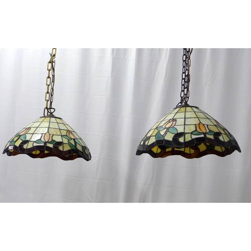 410 - Pair of Tiffany style coloured and leaded glass hanging light shades, 43cm. (2)