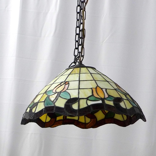 410 - Pair of Tiffany style coloured and leaded glass hanging light shades, 43cm. (2)