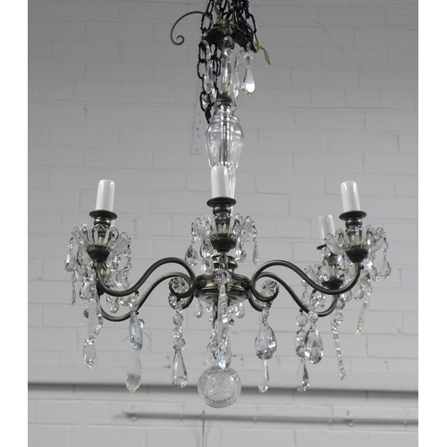 412 - Six branch chandelier with glass lustres,  50 x 66cm.