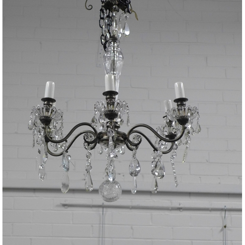 412 - Six branch chandelier with glass lustres,  50 x 66cm.