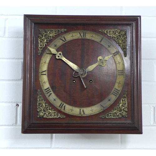 414 - Mahogany wall clock, square dial with brass chapter ring and spandrels, roman numerals, 37 x 37cm.