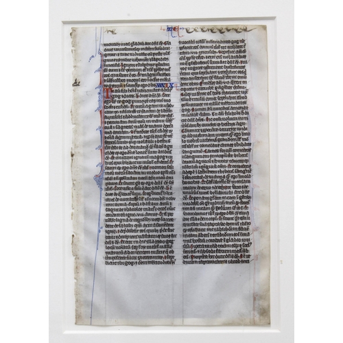 420 - Medieval bible leaf, manuscript calligraphy on vellum, in a double sided frame, with certificate of ... 