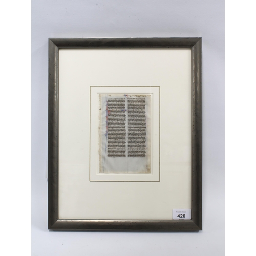 420 - Medieval bible leaf, manuscript calligraphy on vellum, in a double sided frame, with certificate of ... 