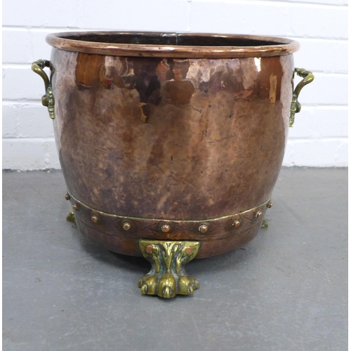 425 - Copper and brass coal bucket on paw feet,  40 x 31cm.