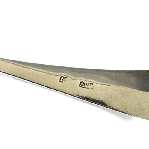 58 - George III Scottish provincial silver soup ladle, Old English pattern,  stamped ABD, 34cm long