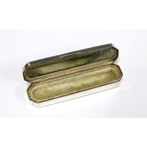 65 - Georgian white metal and mother of pearl toothpick case, the hinged lid with a mirror to the undersi... 