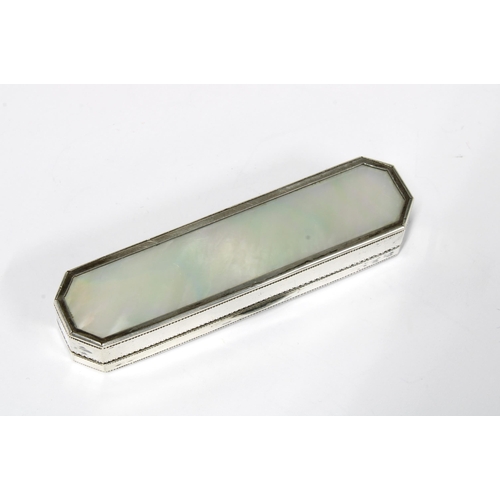 65 - Georgian white metal and mother of pearl toothpick case, the hinged lid with a mirror to the undersi... 