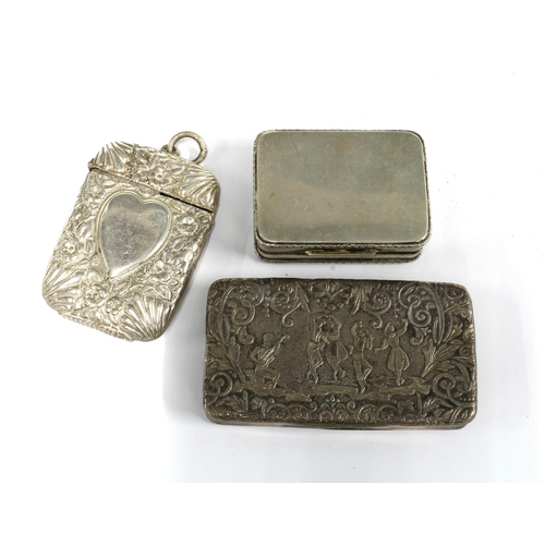 72 - Continental silver snuff box together with a larger snuff box, its hinged lid with a repousee patter... 