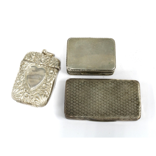 72 - Continental silver snuff box together with a larger snuff box, its hinged lid with a repousee patter... 