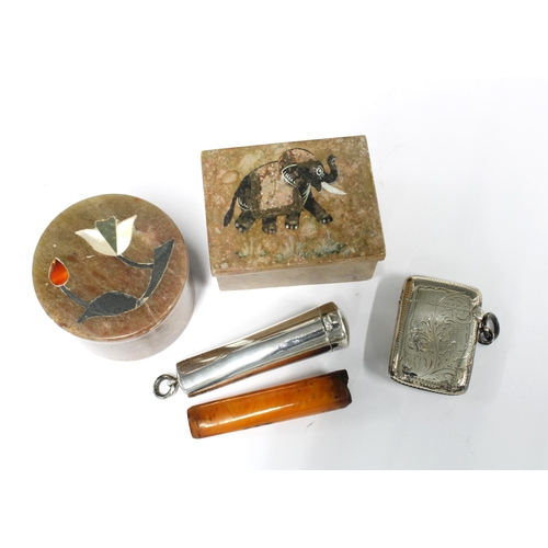 78 - An Edwardian silver cheroot case, Birmingham 1908 , containing an amber cheroot together with an Edw... 