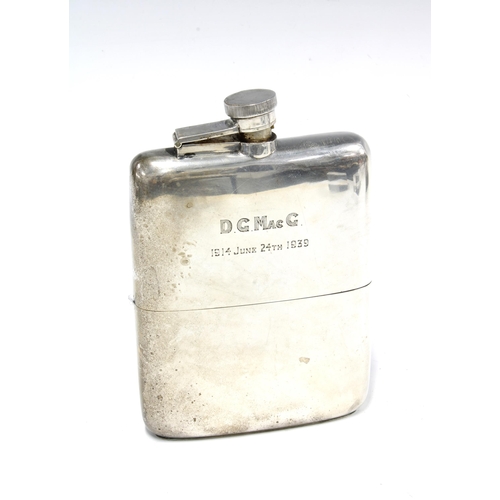 79 - George V silver hip flask, Birmingham 1919, with later inscription and dated to 1939, hinged cover a... 