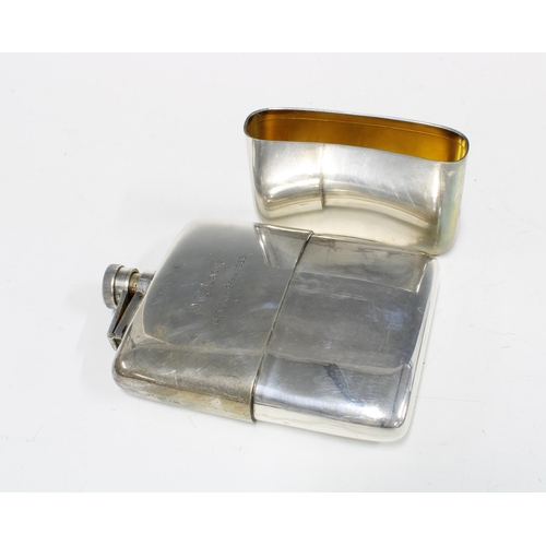 79 - George V silver hip flask, Birmingham 1919, with later inscription and dated to 1939, hinged cover a... 