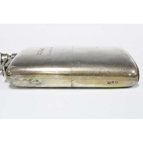 79 - George V silver hip flask, Birmingham 1919, with later inscription and dated to 1939, hinged cover a... 