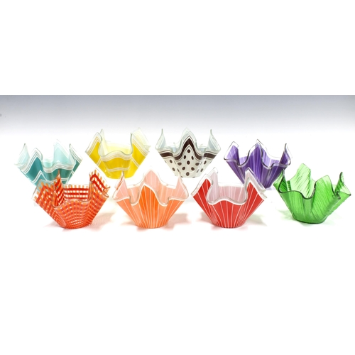 104 - Eight Chance Glass handkerchief coloured posy basket vases (8) 15 x 11cm