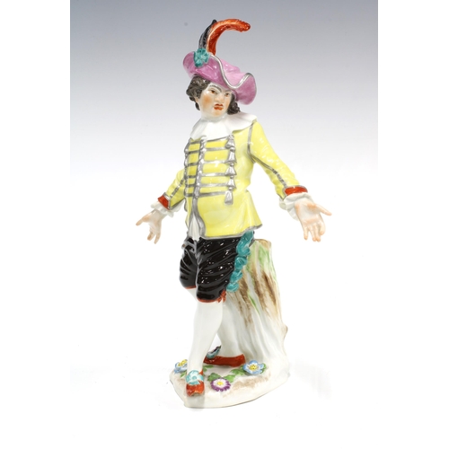 106 - Meissen Commedia dell'arte porcelain figure, blue crossed swords and printed foreign mark, (tip of o... 