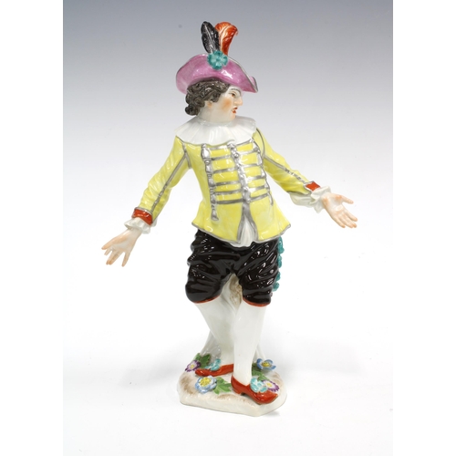 106 - Meissen Commedia dell'arte porcelain figure, blue crossed swords and printed foreign mark, (tip of o... 