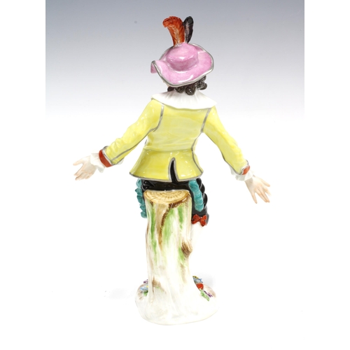 106 - Meissen Commedia dell'arte porcelain figure, blue crossed swords and printed foreign mark, (tip of o... 