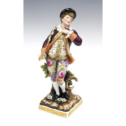 107 - 19th century Volkstedt porcelain figure of a Gallant Gent, wearing a puce jacket and floral breeches... 