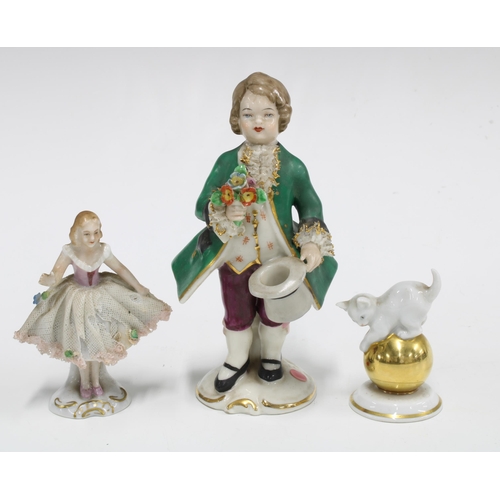 109 - Three German porcelain figures to include a Sitzendorf ballerina, Rosenthal cat and a Frankenthal fi... 