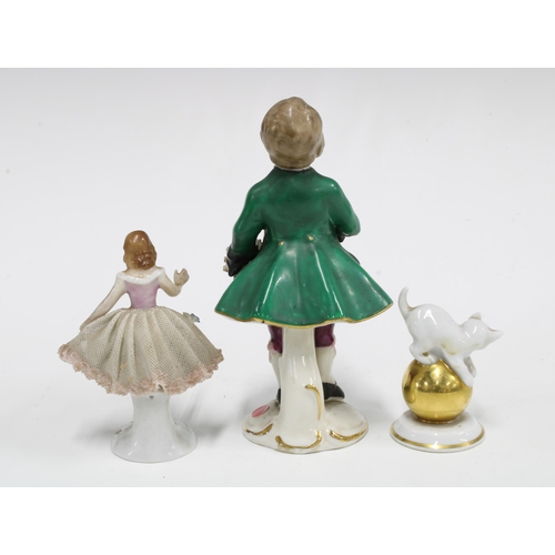 109 - Three German porcelain figures to include a Sitzendorf ballerina, Rosenthal cat and a Frankenthal fi... 