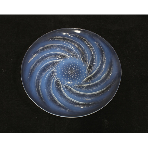 112 - LALIQUE Poisson pattern opalescent glass dish, R. LALIQUE mark, 27cm.