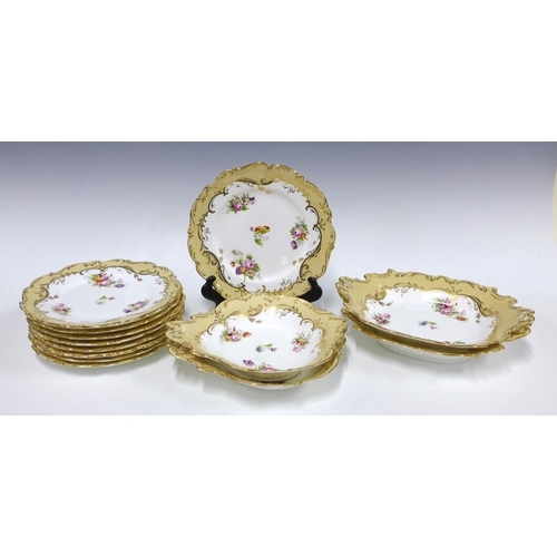 126 - 19th century Rockingham style handpainted dessert service with set of nine plates and four serving d... 