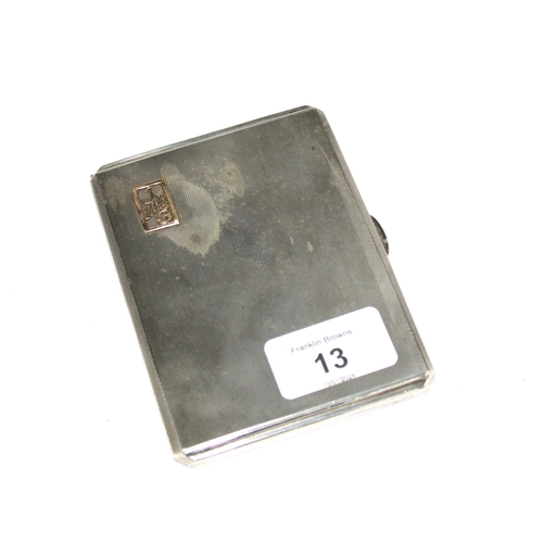 13 - George VI silver cigarette case with engine turned decoration and a yellow metal monogram, interior ... 