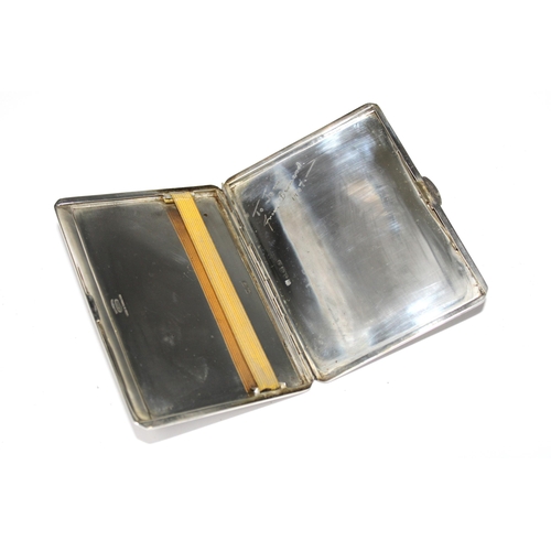 13 - George VI silver cigarette case with engine turned decoration and a yellow metal monogram, interior ... 