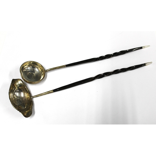 14 - Georgian toddy ladle, white metal coin inset bowl and twisted baleen handle together with another (2... 