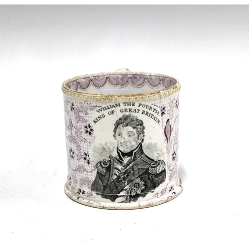 140 - 'William The Fourth King of Great Britain' transfer printed mug in puce,  10cm high (hairline crack)