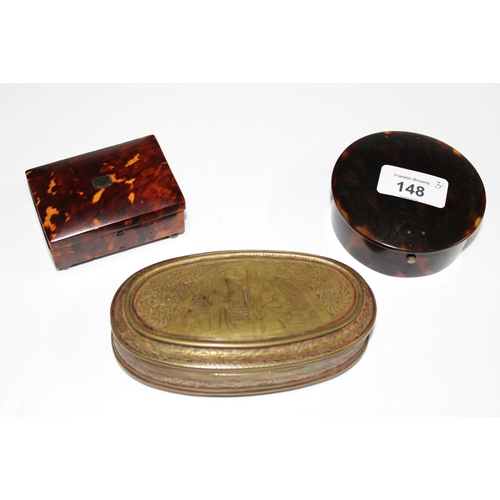 148 - Antique oval brass box, probably Dutch, 13cm long, together with two tortoiseshell boxes; one circul... 