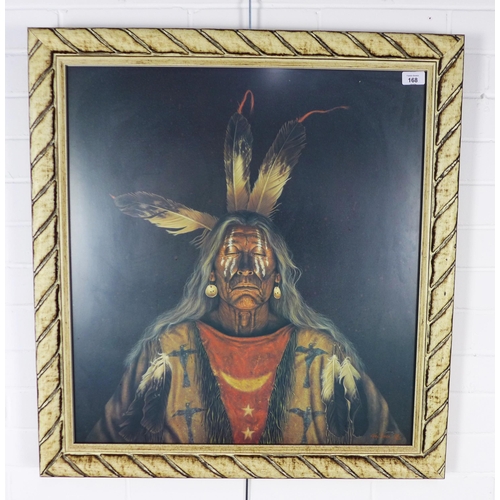 168 - FRANK HOWELL, STANDING I FLY, a framed print of a Native American, No 539 / 950, 73 x 78cm including... 