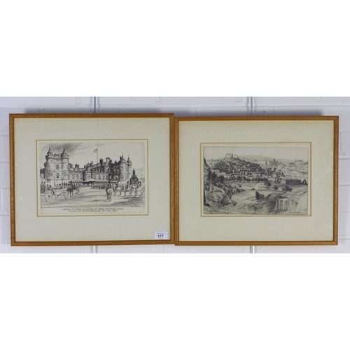 177 - ROBERT C. ROBERTSON, two framed etchings to include Holyrood House and Auld Reekie, framed under gla... 