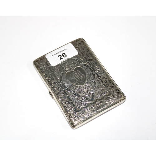 26 - Victorian silver cigarette case, Birmingham 1892 , with foliate engraved pattern and heart cartouche... 