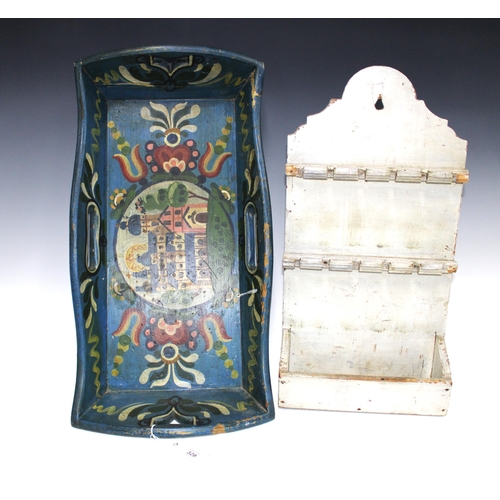 328 - Folk Art painted tray, 61 x 32cm, together with a grey painted wooden wall rack, (2)