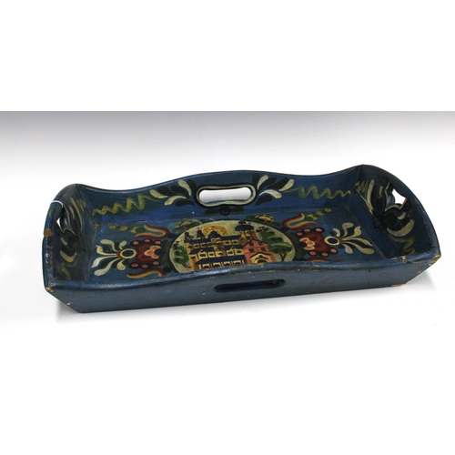 328 - Folk Art painted tray, 61 x 32cm, together with a grey painted wooden wall rack, (2)