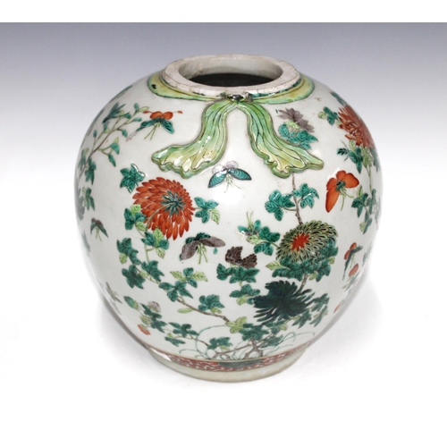 330 - 19th century Chinese famille verte vase, painted with butterflies and foliage with an applied bow to... 