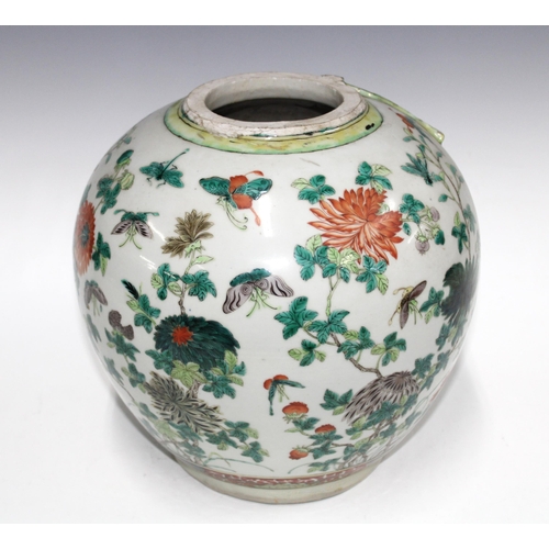 330 - 19th century Chinese famille verte vase, painted with butterflies and foliage with an applied bow to... 