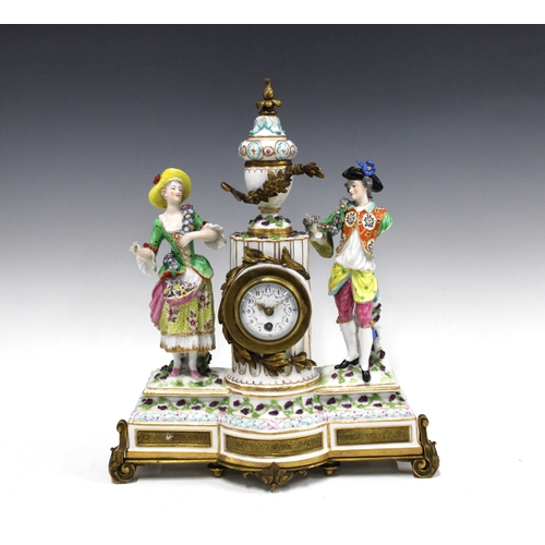 349 - 19th century figural porcelain mantle clock with gold anchor mark, (a/f with losses) 39 x 31cm