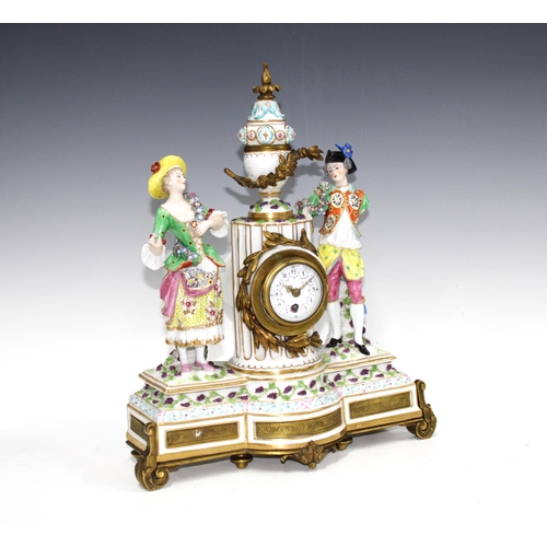 349 - 19th century figural porcelain mantle clock with gold anchor mark, (a/f with losses) 39 x 31cm