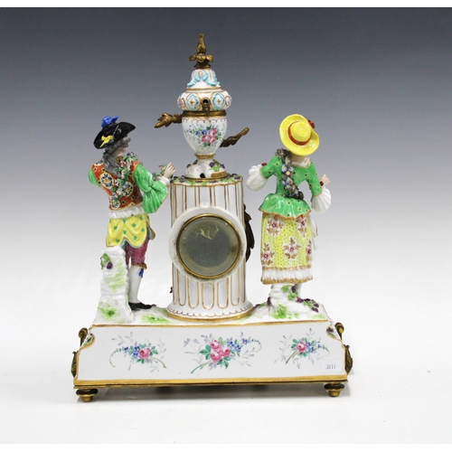 349 - 19th century figural porcelain mantle clock with gold anchor mark, (a/f with losses) 39 x 31cm