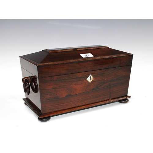 350 - 19th century rosewood sarcophagus tea caddy, hinged lid with a mother of pearl plaque, opening to re... 