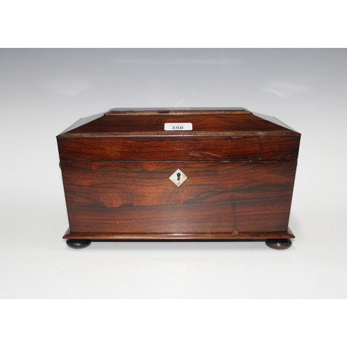 350 - 19th century rosewood sarcophagus tea caddy, hinged lid with a mother of pearl plaque, opening to re... 