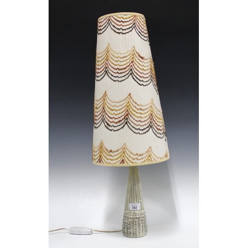 352 - Retro /vintage studio pottery table lamp base with incised pattern and large shade, overall height i... 