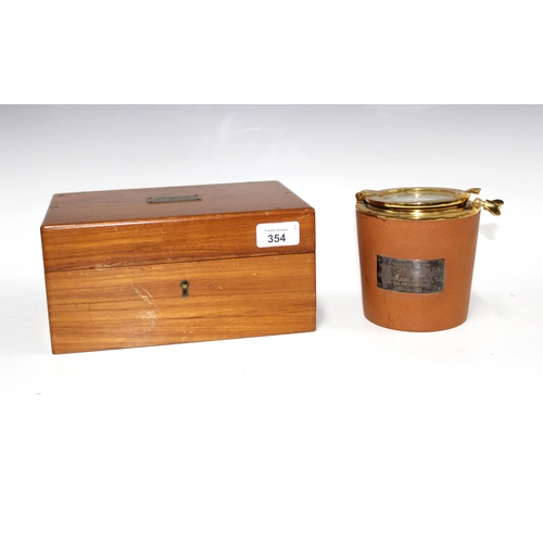 354 - Comoy's of London leather covered cigar / tobacco jar, with brass and glass hinged cover, 12cm high,... 