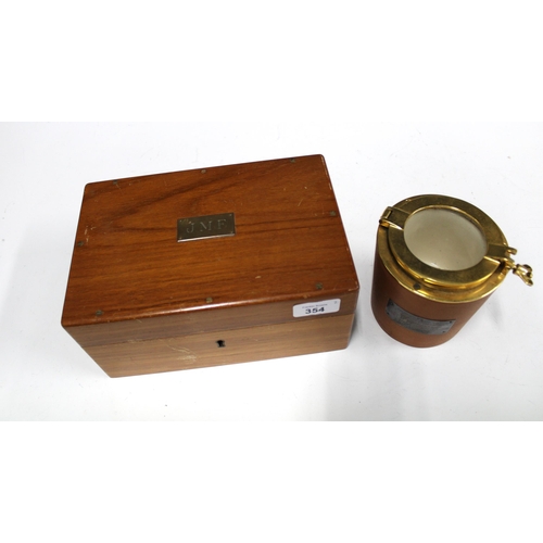 354 - Comoy's of London leather covered cigar / tobacco jar, with brass and glass hinged cover, 12cm high,... 