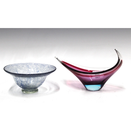 367 - Pale blue art glass bowl, 17cm diameter and another in purple and red glass (2)