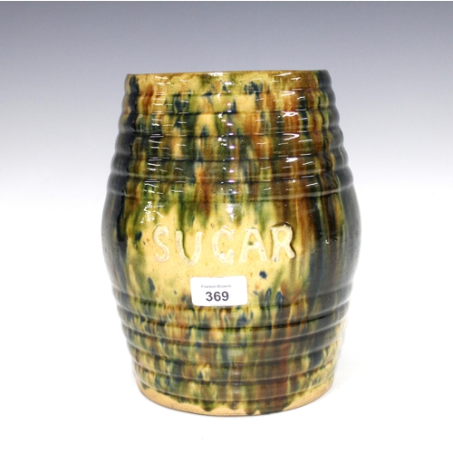 369 - Scottish pottery Sugar crock, ribbed barrel form, 25cm high